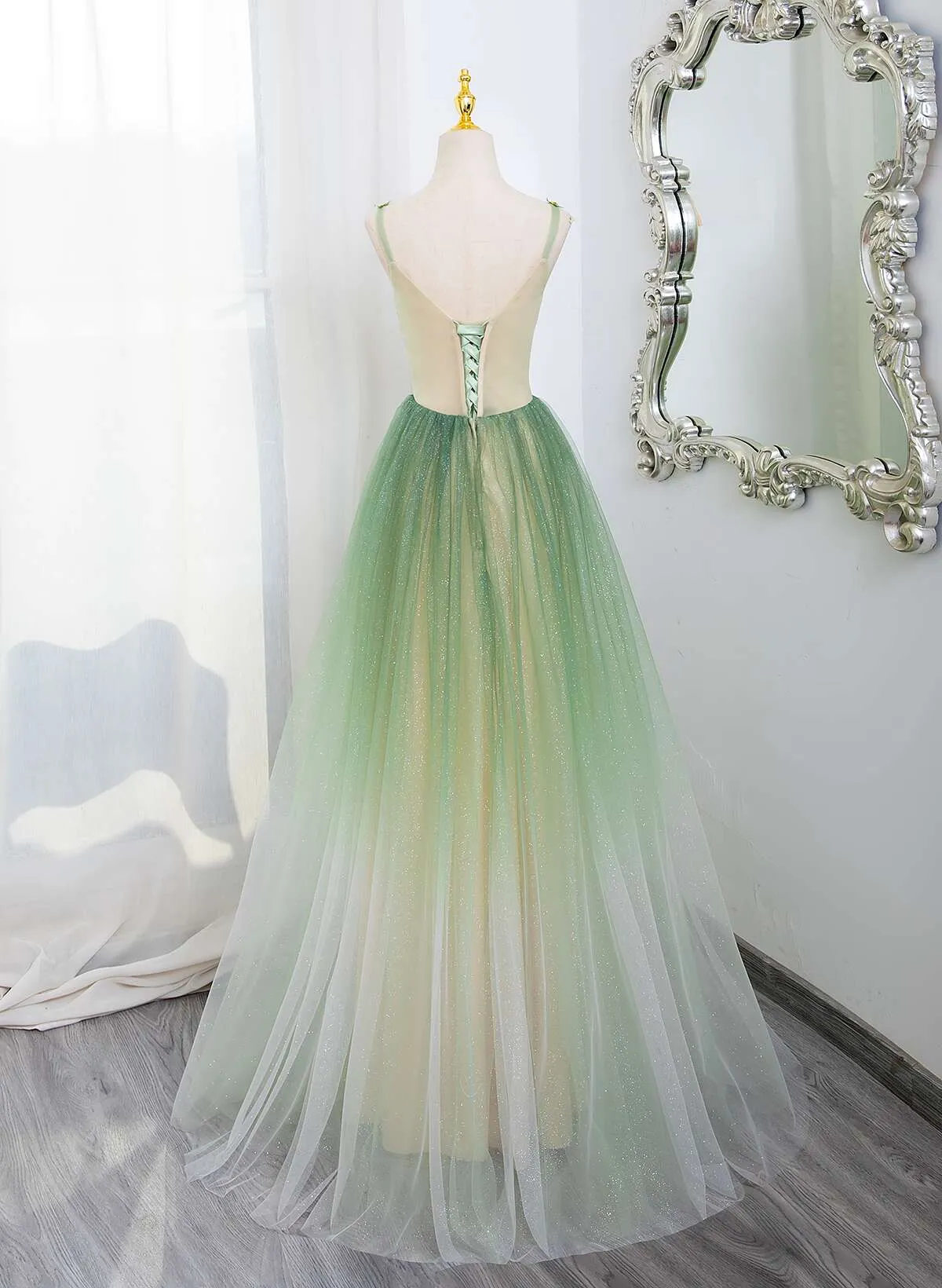 Green Gradient A-line Tulle V-neckline Long Party Dress, Green Tulle Prom Dress