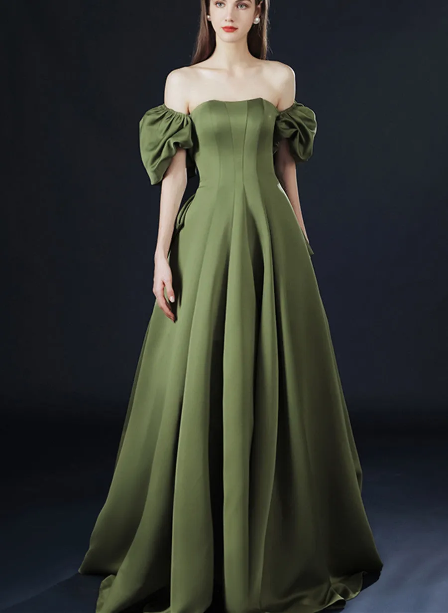 Green Satin Long Party Dress with Short Sleeves, Green A-line Low Back Prom Dress