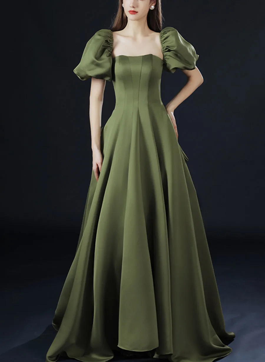 Green Satin Long Party Dress with Short Sleeves, Green A-line Low Back Prom Dress