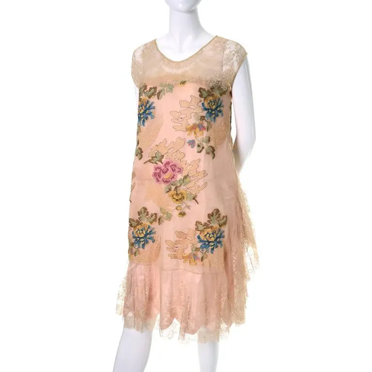 H. Liebes & Co 1920s Lace Silk Vintage Dress With Floral Embroidery Original Photo