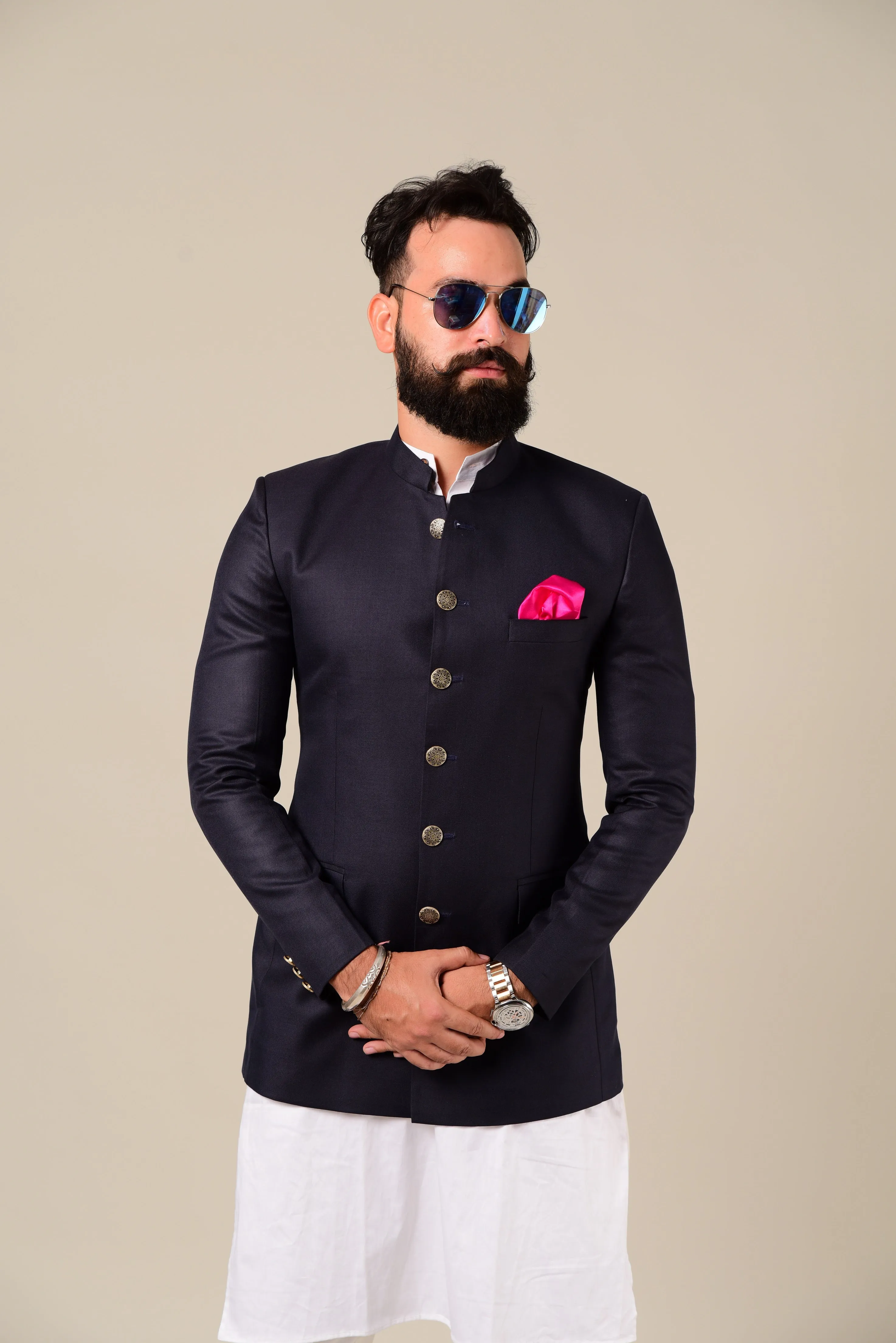 Hand-crafted Navy Blue Jodhpuri Band gala with Kurta Pajama Set, Available in Father Son Combo | Contemporarily styled ethnic