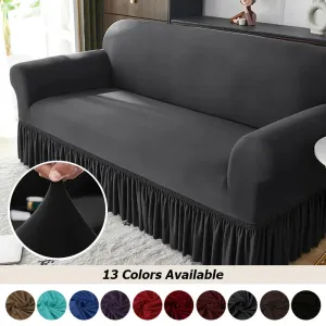 High Stretch Solid Color Sofa Cover For Living Room Spandex Corner Sofa Cover With Skirt Dustproof Non-slip Sofa Slipcover Home