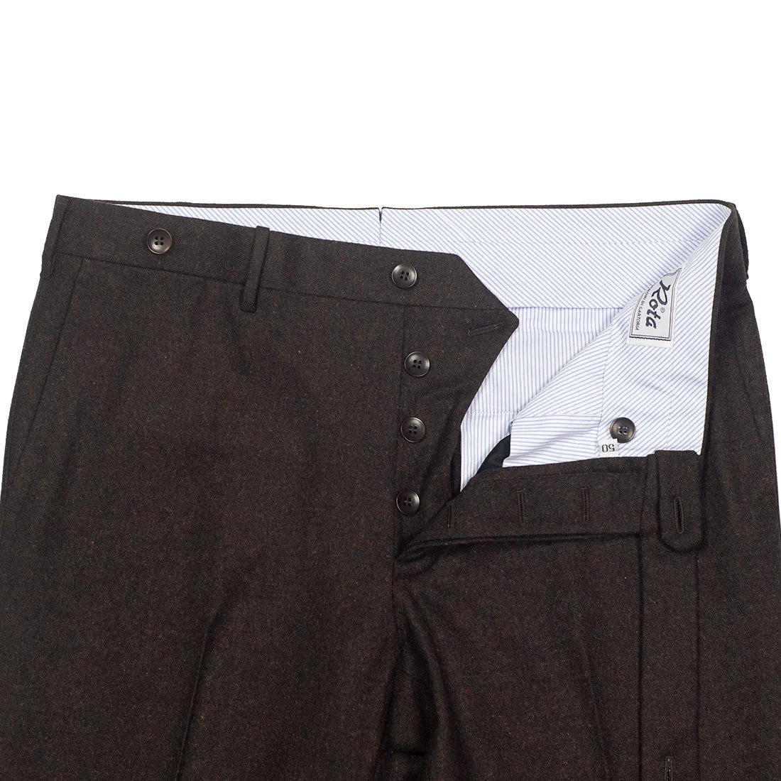 Higher-rise brown donegal tweed trousers with side tabs