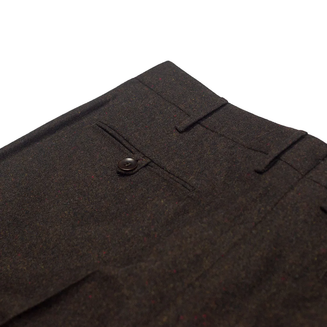 Higher-rise brown donegal tweed trousers with side tabs