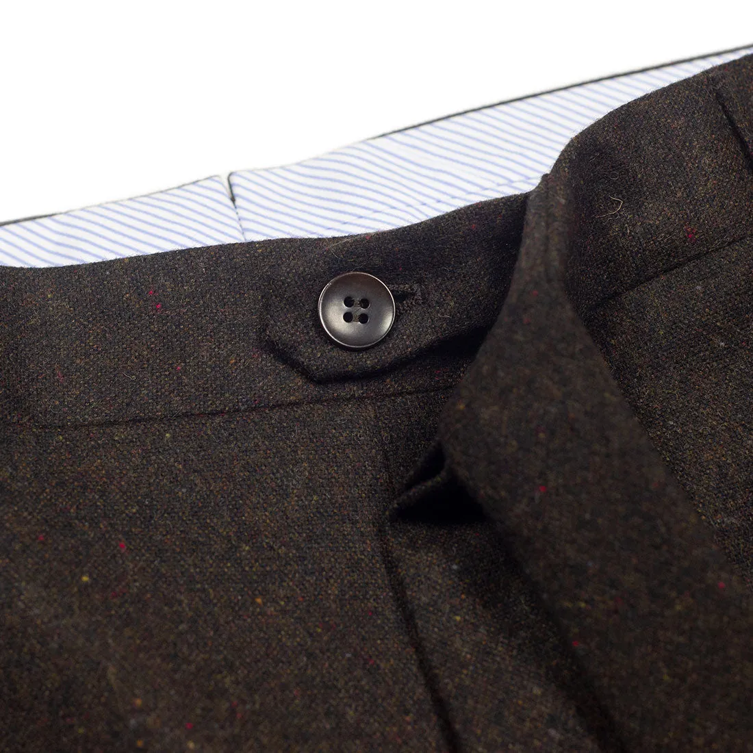 Higher-rise brown donegal tweed trousers with side tabs