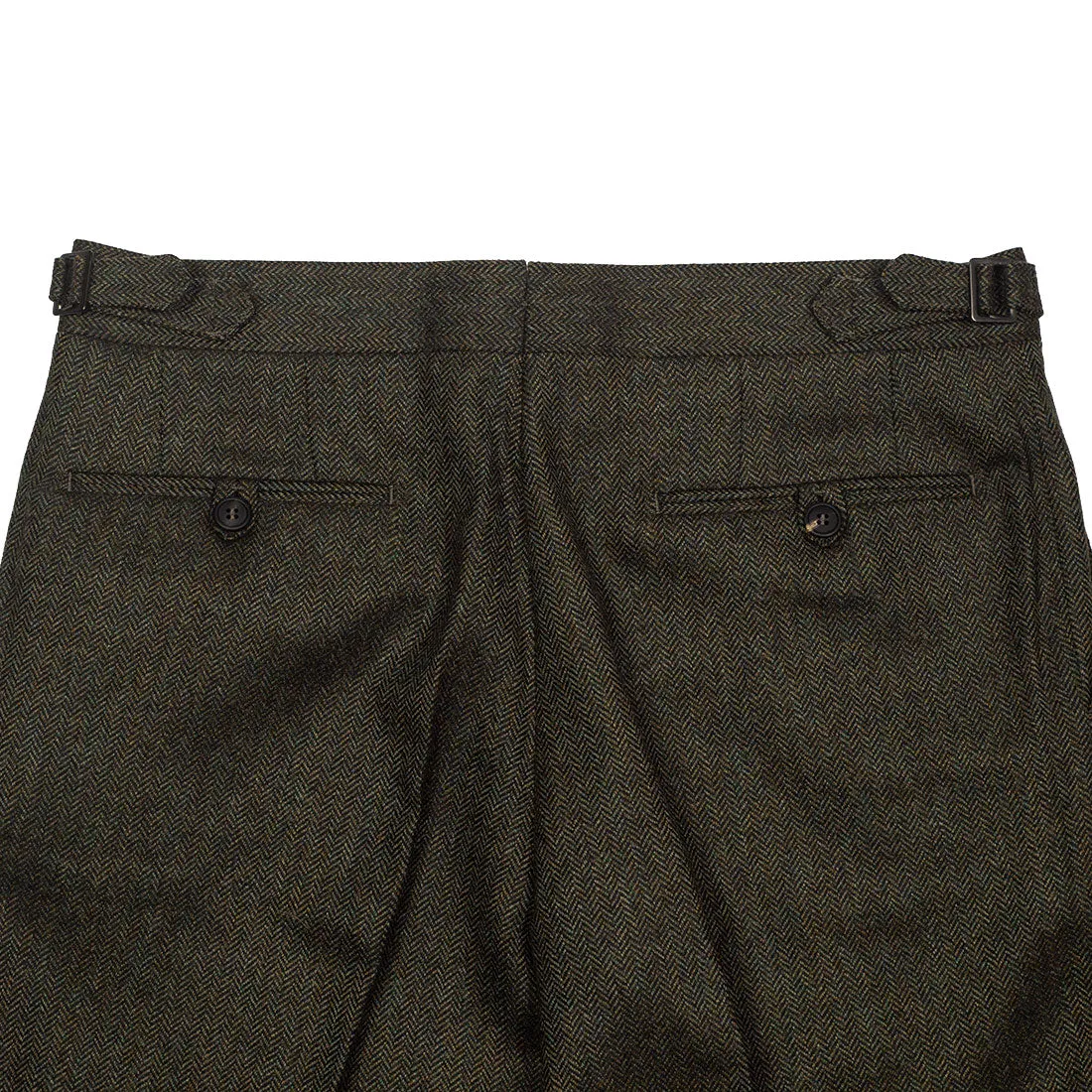 Higher-rise green herringbone flannel wool trousers with side tabs