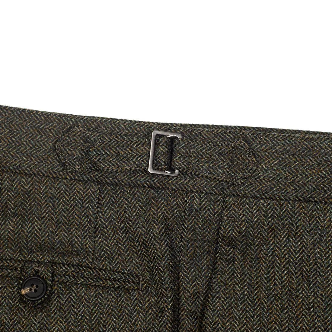 Higher-rise green herringbone flannel wool trousers with side tabs