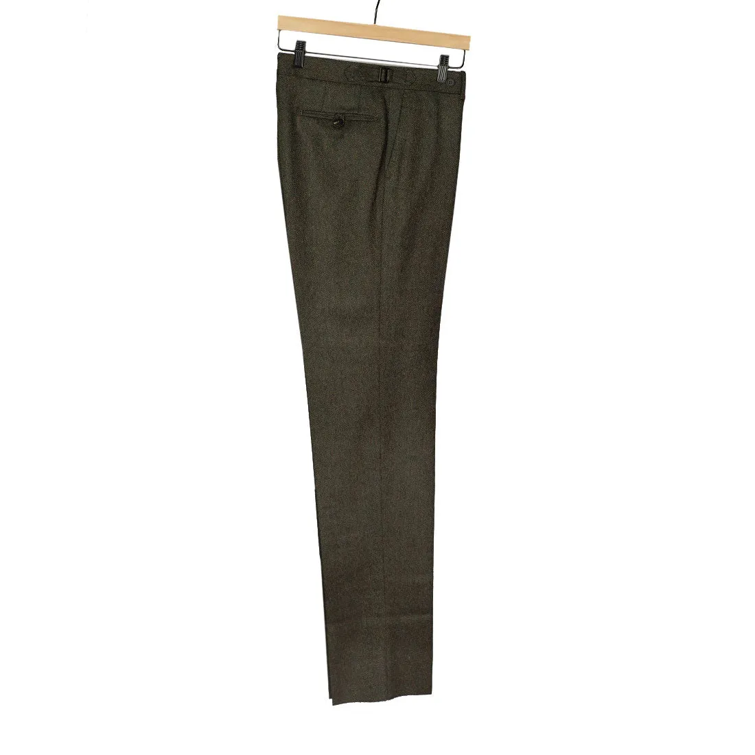 Higher-rise green herringbone flannel wool trousers with side tabs