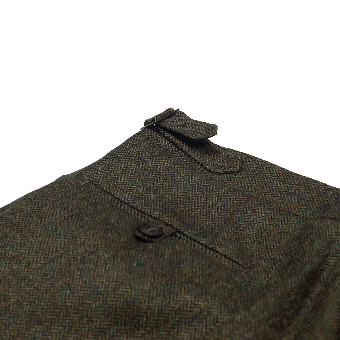 Higher-rise green herringbone flannel wool trousers with side tabs