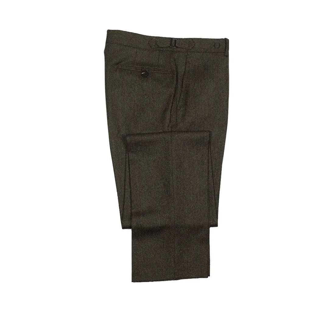 Higher-rise green herringbone flannel wool trousers with side tabs