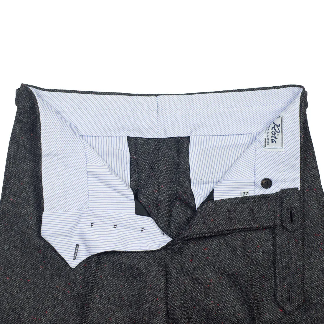 Higher-rise grey wool donegal trousers with side tabs