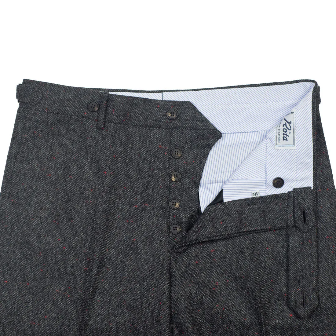 Higher-rise grey wool donegal trousers with side tabs