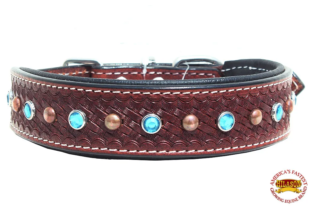 Hilason Heavy Duty Genuine Leather Dog Collar Padded Brown Crystals