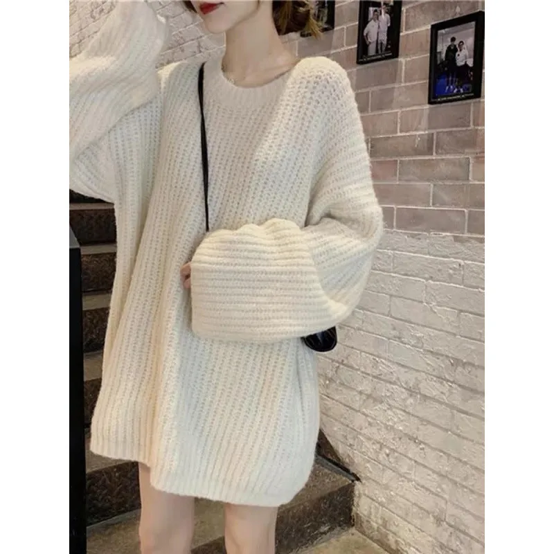 Hnzxzm dress to impress outfits Retro Hong Kong Style Pullover Thick Line Sweater Women's Mid-Length Solid Color Loose Lazy Style Knitted Top Coat Fashion