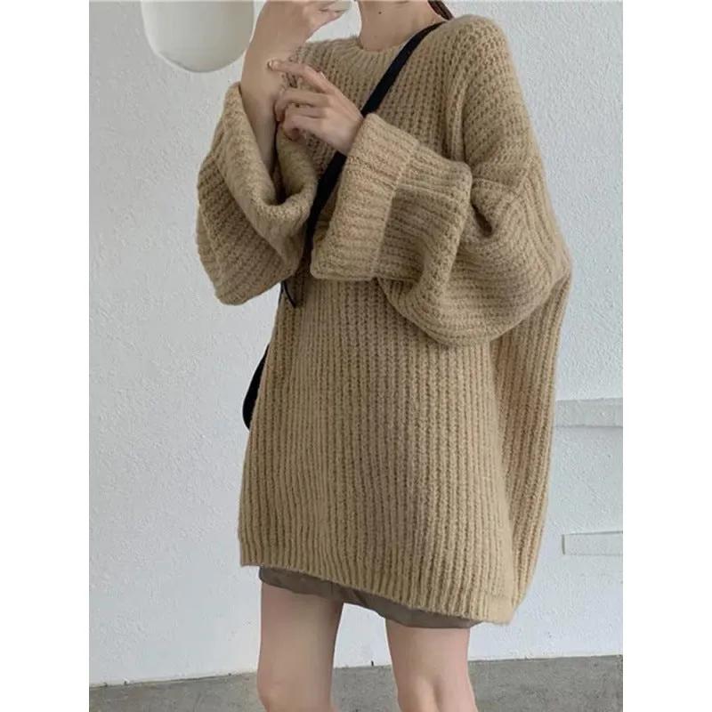 Hnzxzm dress to impress outfits Retro Hong Kong Style Pullover Thick Line Sweater Women's Mid-Length Solid Color Loose Lazy Style Knitted Top Coat Fashion