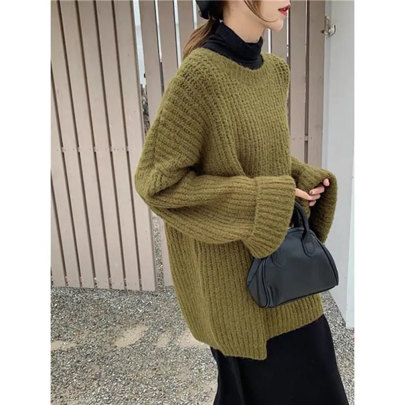 Hnzxzm dress to impress outfits Retro Hong Kong Style Pullover Thick Line Sweater Women's Mid-Length Solid Color Loose Lazy Style Knitted Top Coat Fashion