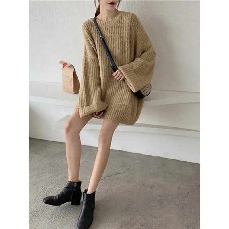 Hnzxzm dress to impress outfits Retro Hong Kong Style Pullover Thick Line Sweater Women's Mid-Length Solid Color Loose Lazy Style Knitted Top Coat Fashion