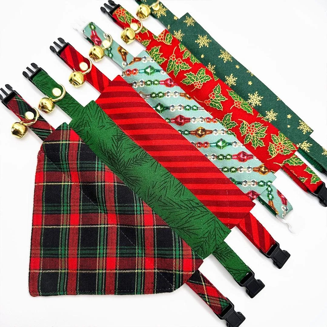 Holiday Plaid Cat Bandana - "Telluride" - Red Green Black Christmas Plaid Bandana for Cat   Small Dog / Slide-On Over the Collar Bandana