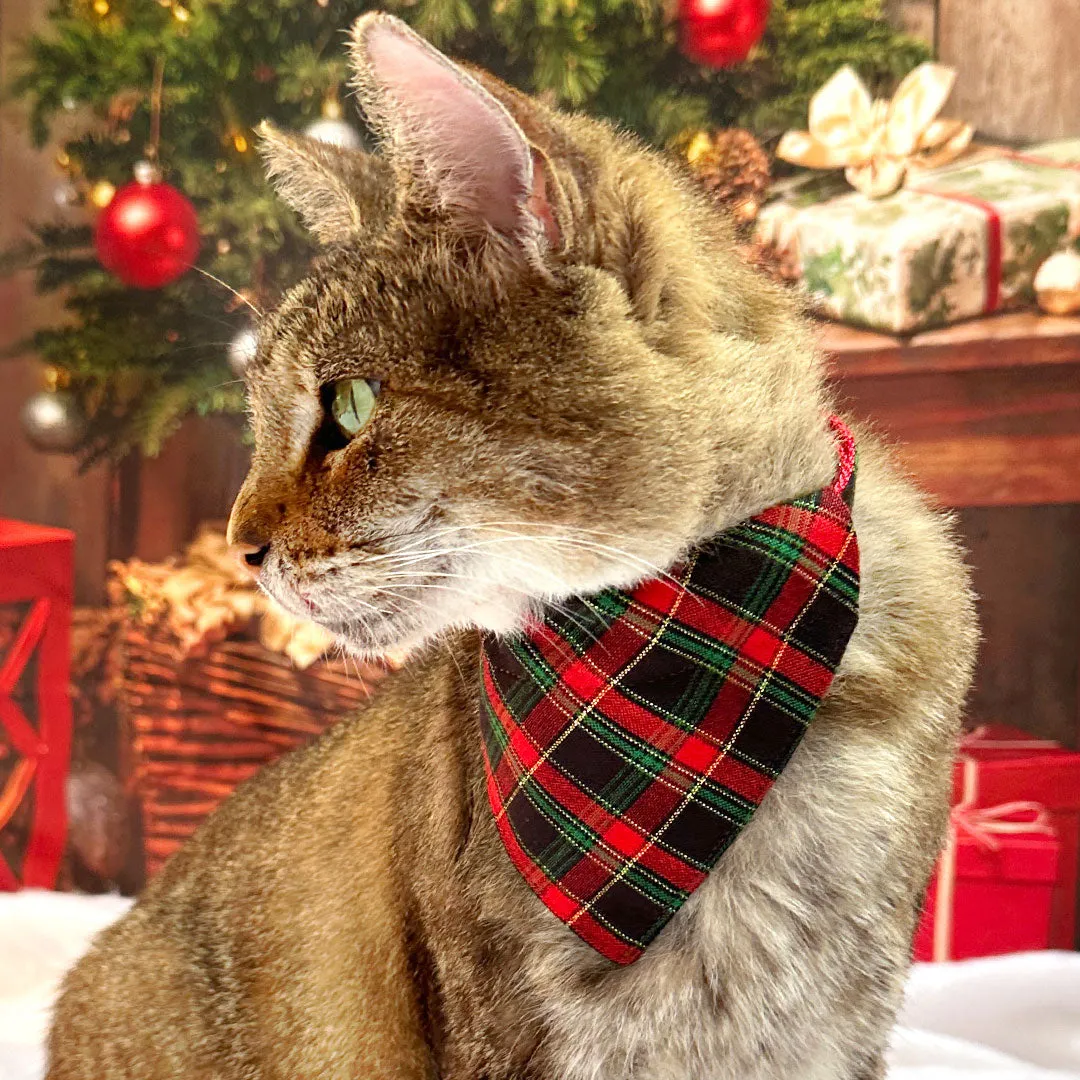 Holiday Plaid Cat Bandana - "Telluride" - Red Green Black Christmas Plaid Bandana for Cat   Small Dog / Slide-On Over the Collar Bandana