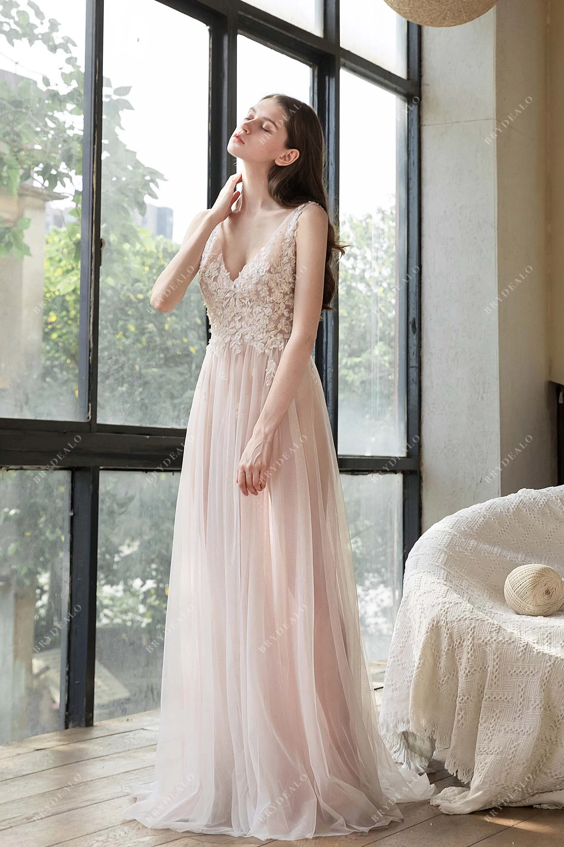 Illusion Lace V-neck Dusty Rose Beach A-line Summer Wedding Dress