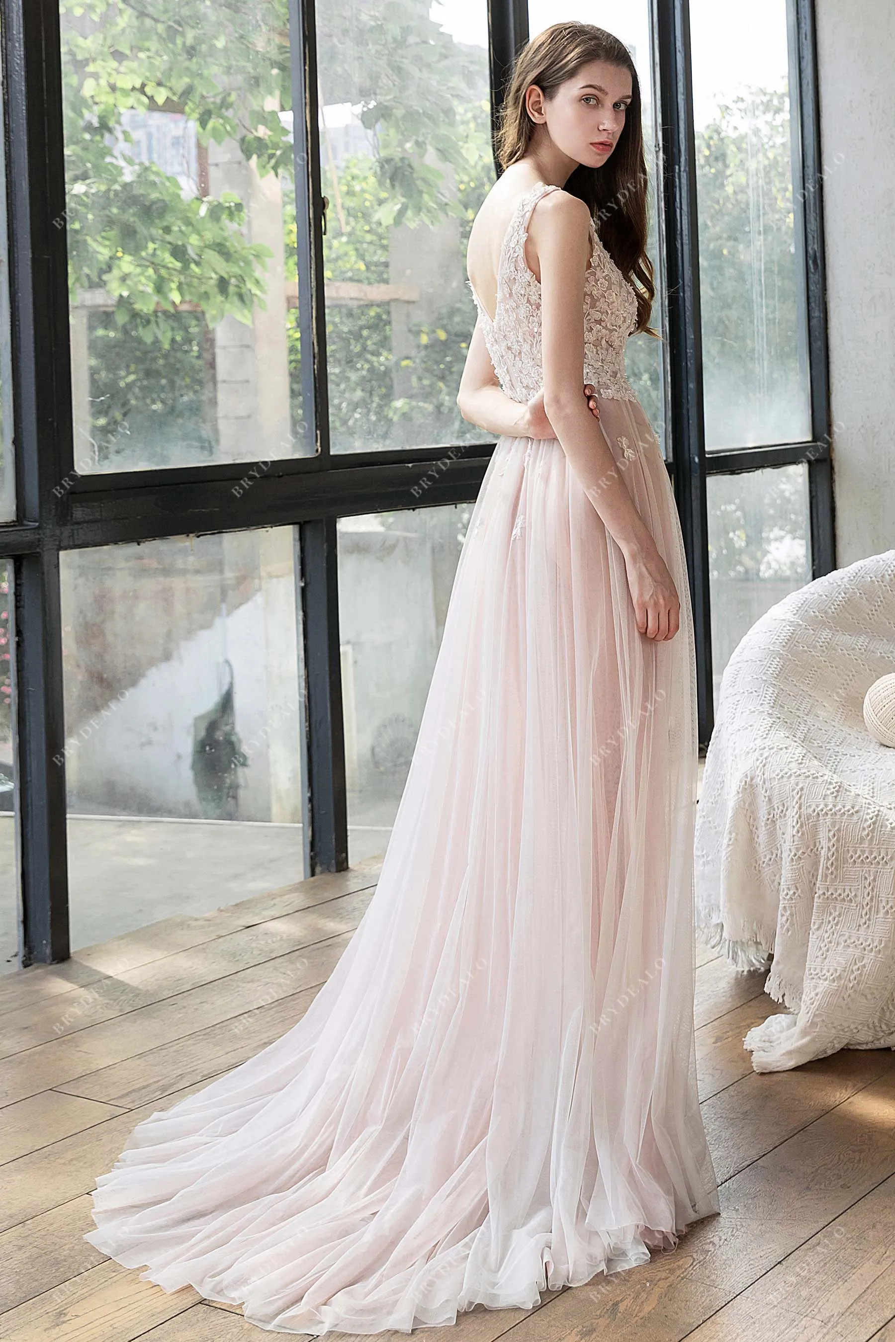 Illusion Lace V-neck Dusty Rose Beach A-line Summer Wedding Dress