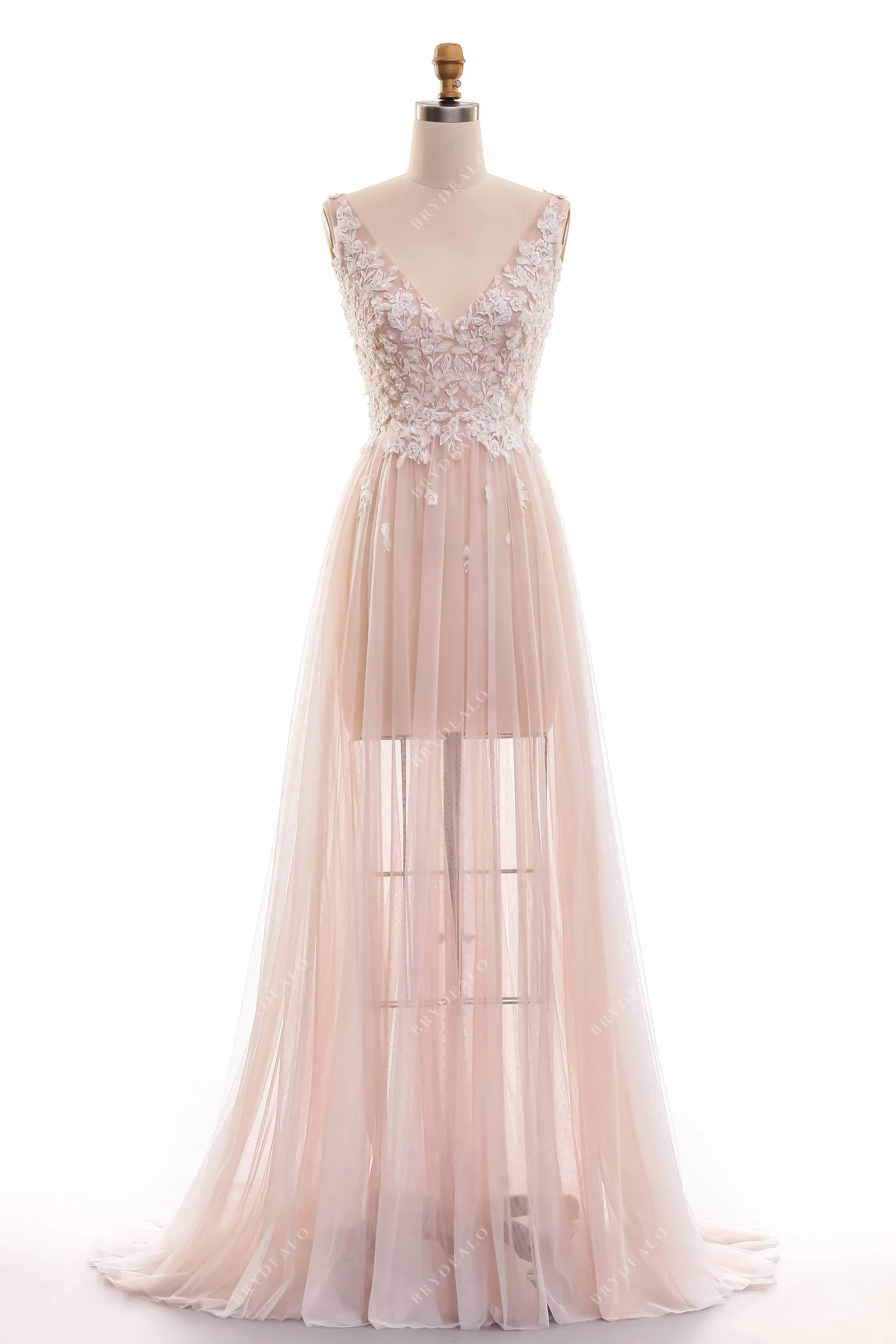 Illusion Lace V-neck Dusty Rose Beach A-line Summer Wedding Dress