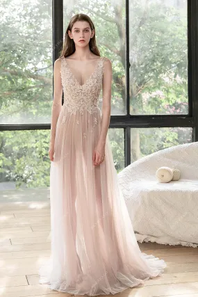 Illusion Lace V-neck Dusty Rose Beach A-line Summer Wedding Dress