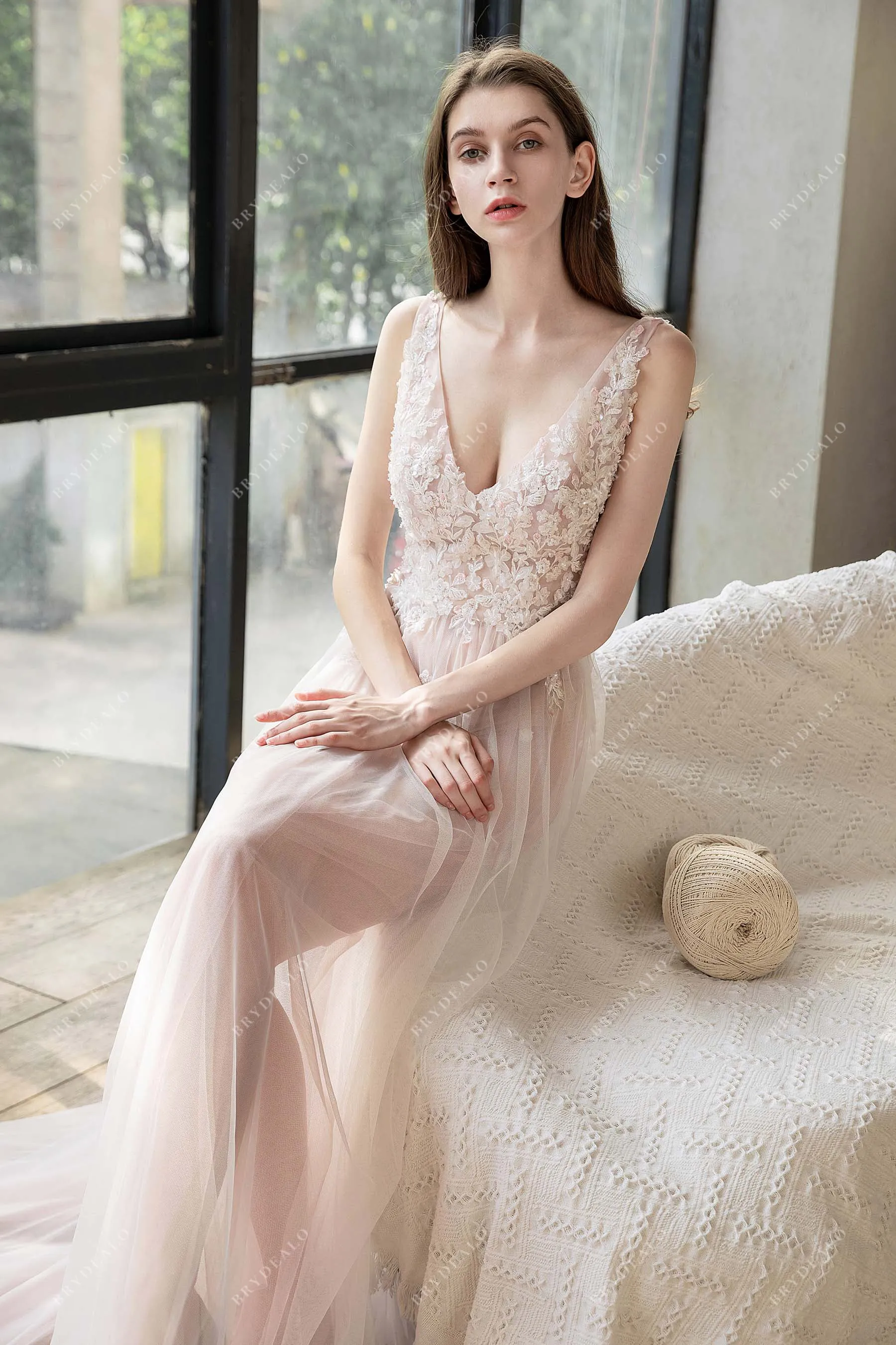 Illusion Lace V-neck Dusty Rose Beach A-line Summer Wedding Dress