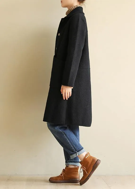 Italian black Plus Size outfit Cotton Notched collar two pockets coat