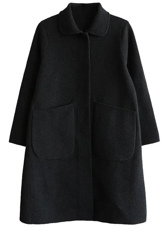 Italian black Plus Size outfit Cotton Notched collar two pockets coat