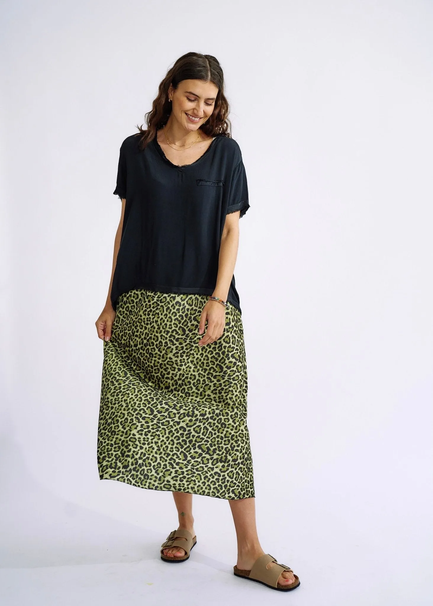 Italian Satin Skirt in Green Leopard Print