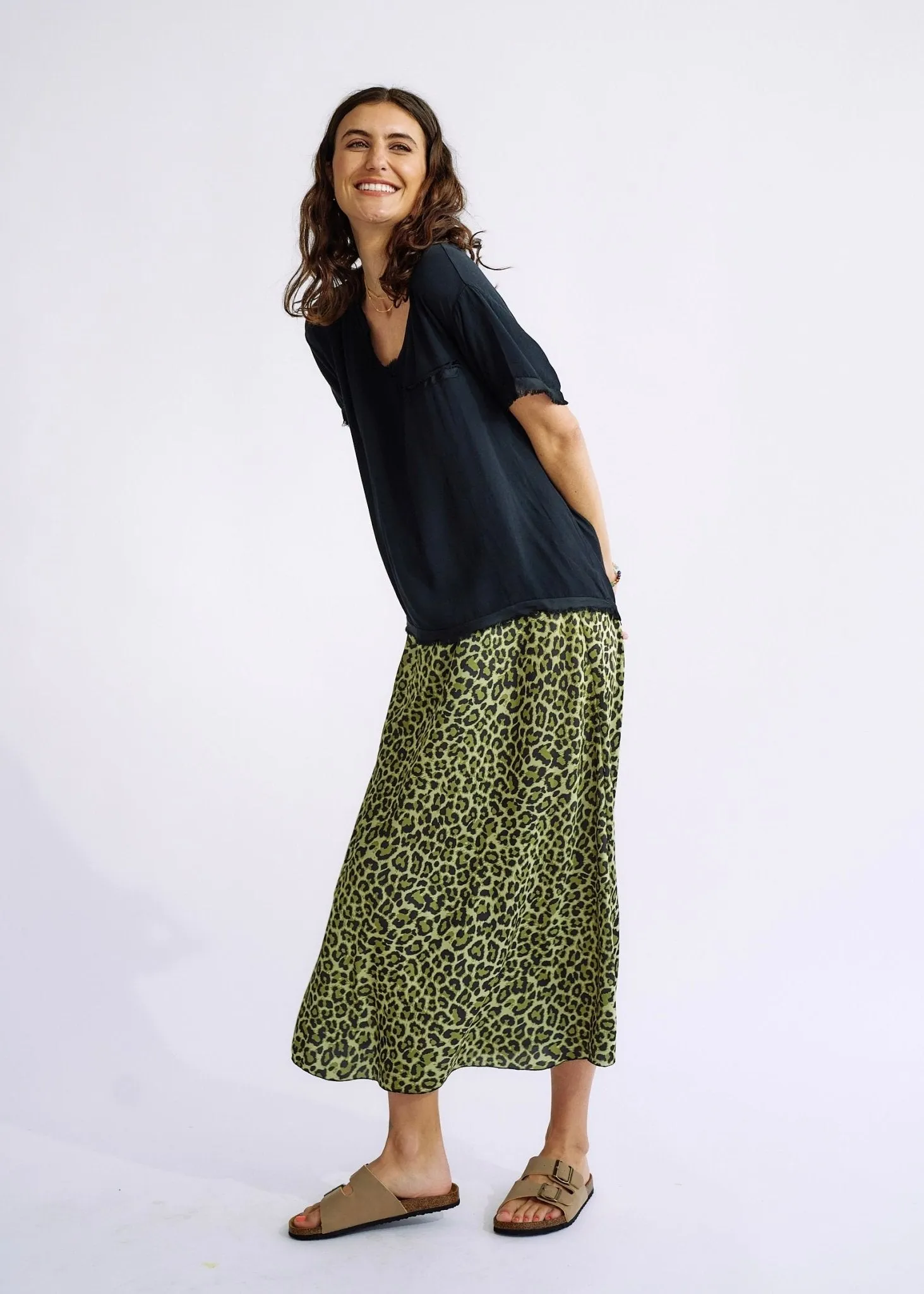 Italian Satin Skirt in Green Leopard Print