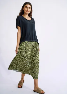 Italian Satin Skirt in Green Leopard Print