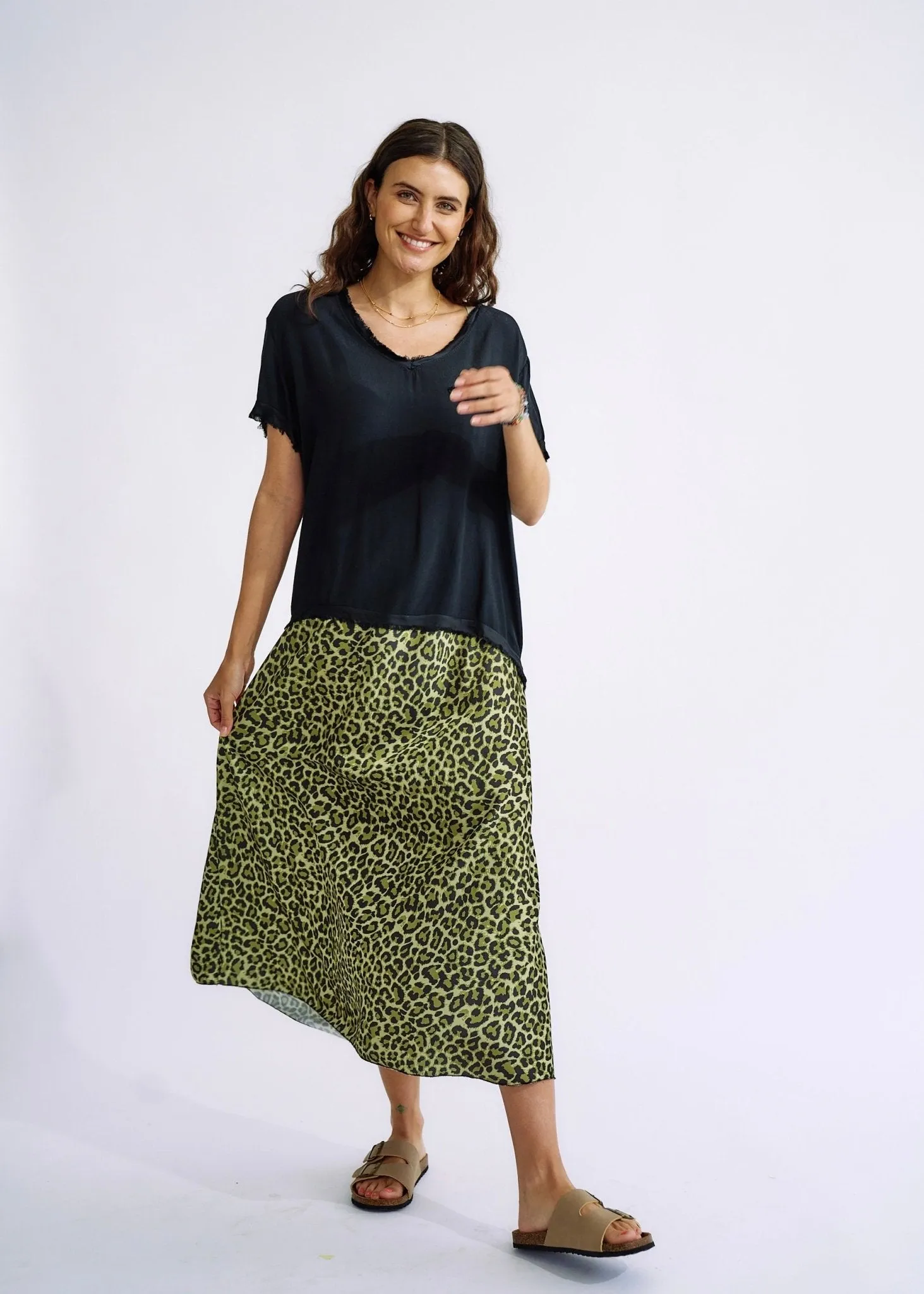 Italian Satin Skirt in Green Leopard Print