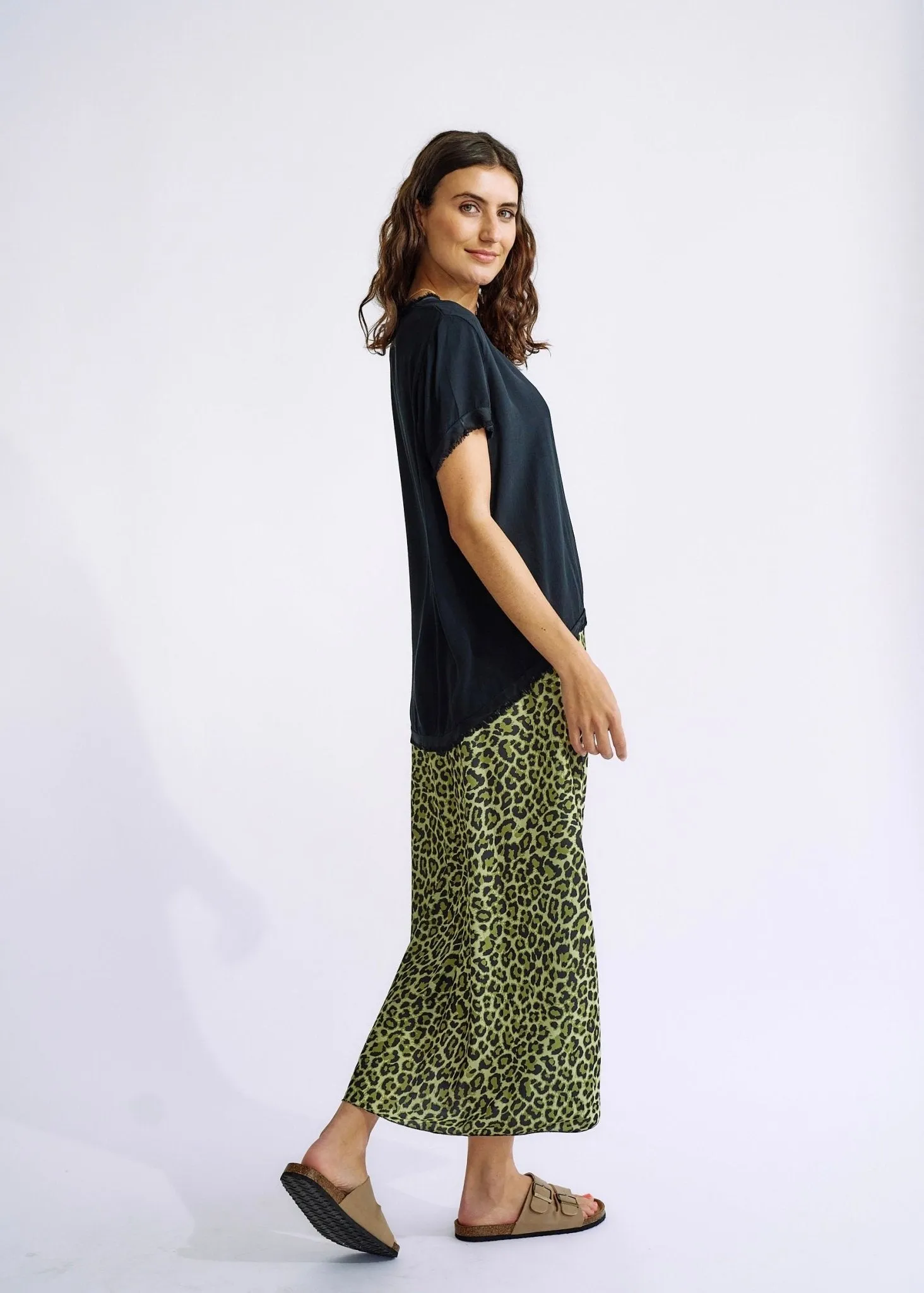 Italian Satin Skirt in Green Leopard Print