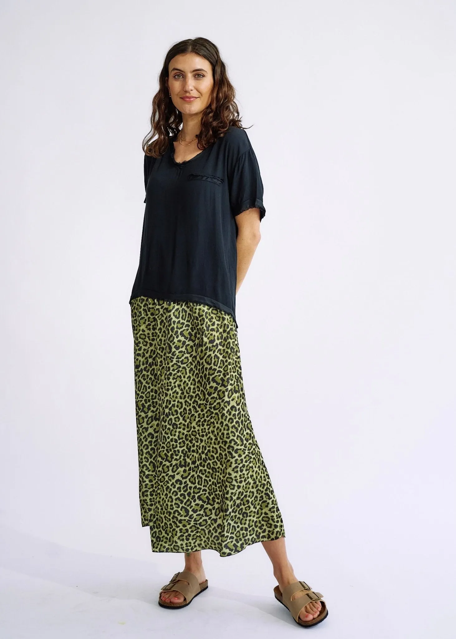 Italian Satin Skirt in Green Leopard Print