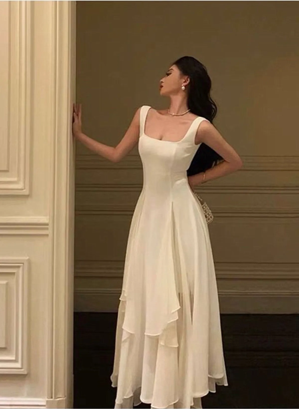 Ivory Chiffon Straps Long Party Dress Prom Dress, Ivory Formal Dress