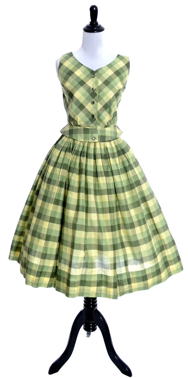 Janice Kay by Richard Ingersoll 2 Pc Vintage Green Plaid Sun Dress