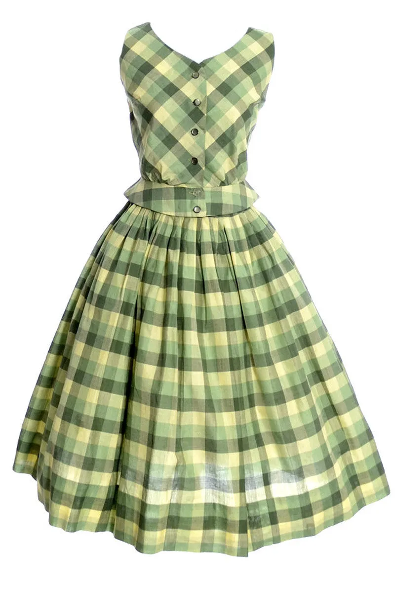 Janice Kay by Richard Ingersoll 2 Pc Vintage Green Plaid Sun Dress