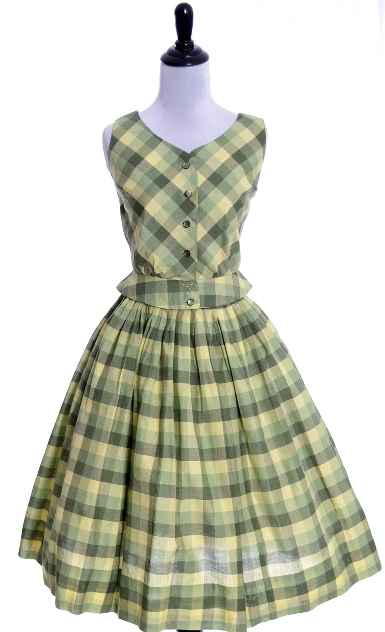 Janice Kay by Richard Ingersoll 2 Pc Vintage Green Plaid Sun Dress