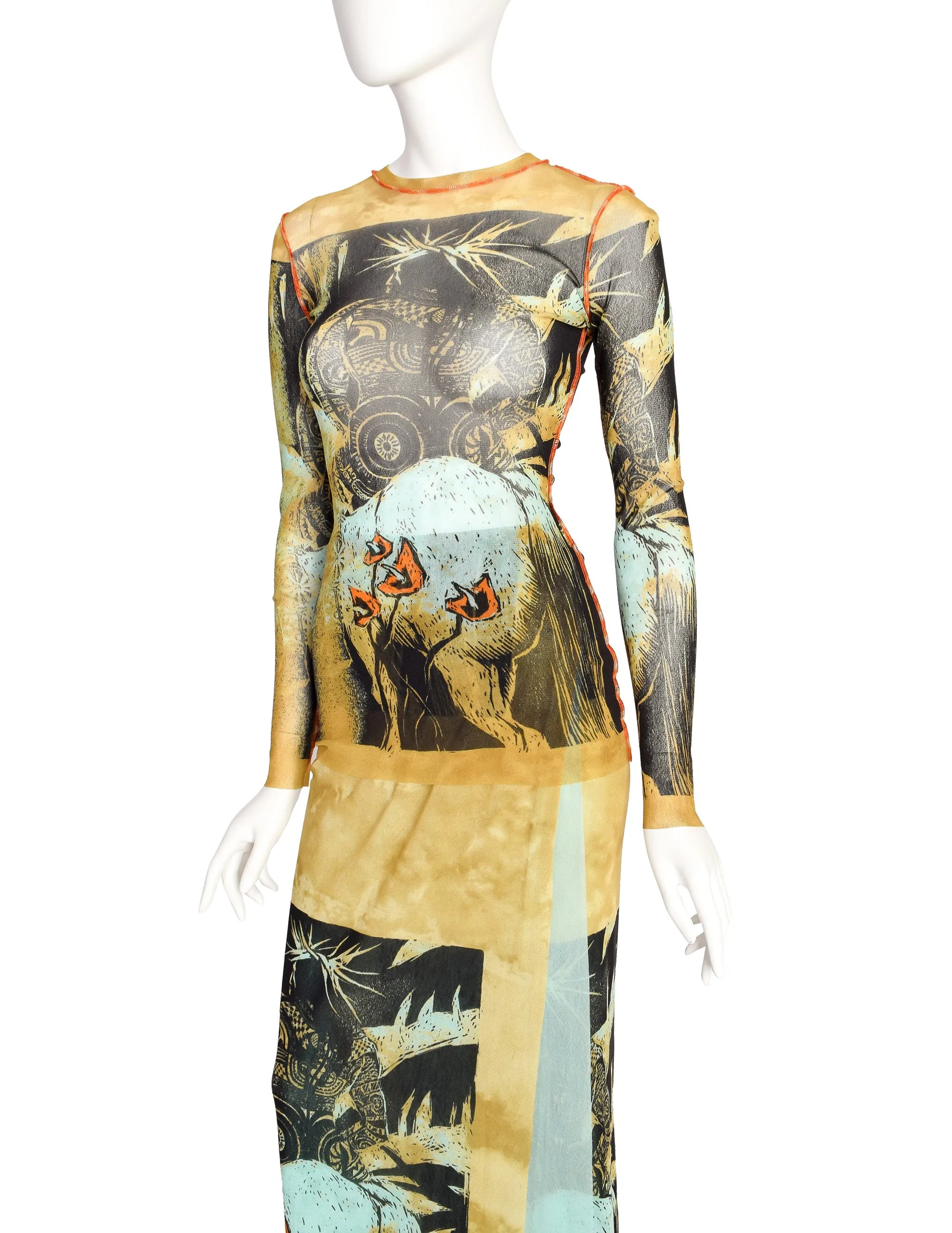 Jean Paul Gaultier Vintage Native American Tattoo Print Mesh Top and Wrap Skirt Set