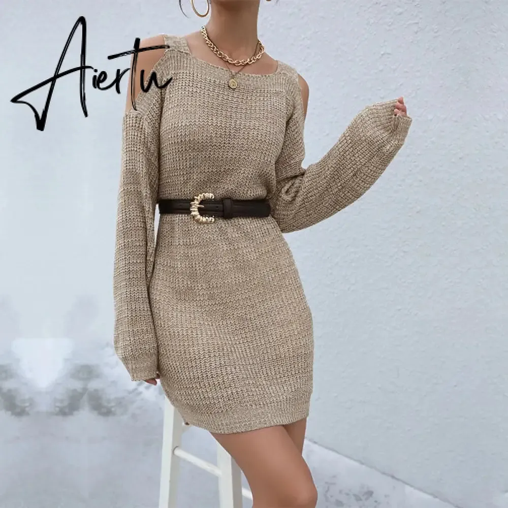 Jenvon Coran Women Autumn Winter Knited Sweater Dresses,  Pullover Tunics, Female Sexy Off The Shoulder Long Sleeve Mini Dress.