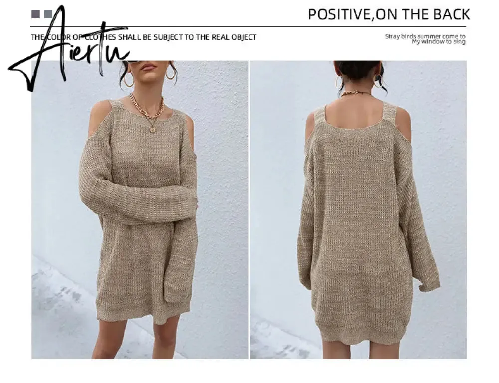 Jenvon Coran Women Autumn Winter Knited Sweater Dresses,  Pullover Tunics, Female Sexy Off The Shoulder Long Sleeve Mini Dress.