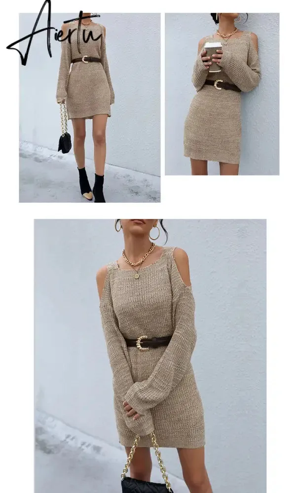 Jenvon Coran Women Autumn Winter Knited Sweater Dresses,  Pullover Tunics, Female Sexy Off The Shoulder Long Sleeve Mini Dress.