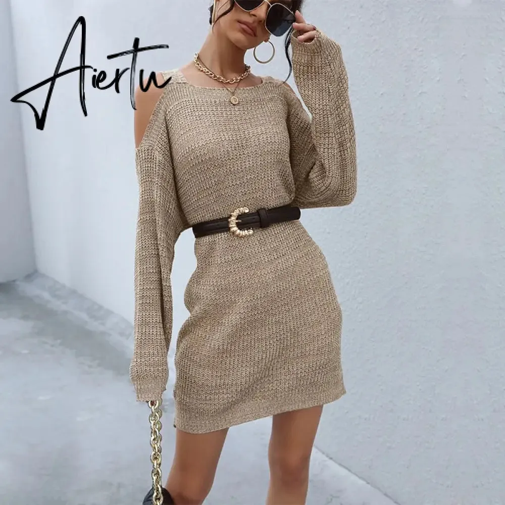 Jenvon Coran Women Autumn Winter Knited Sweater Dresses,  Pullover Tunics, Female Sexy Off The Shoulder Long Sleeve Mini Dress.