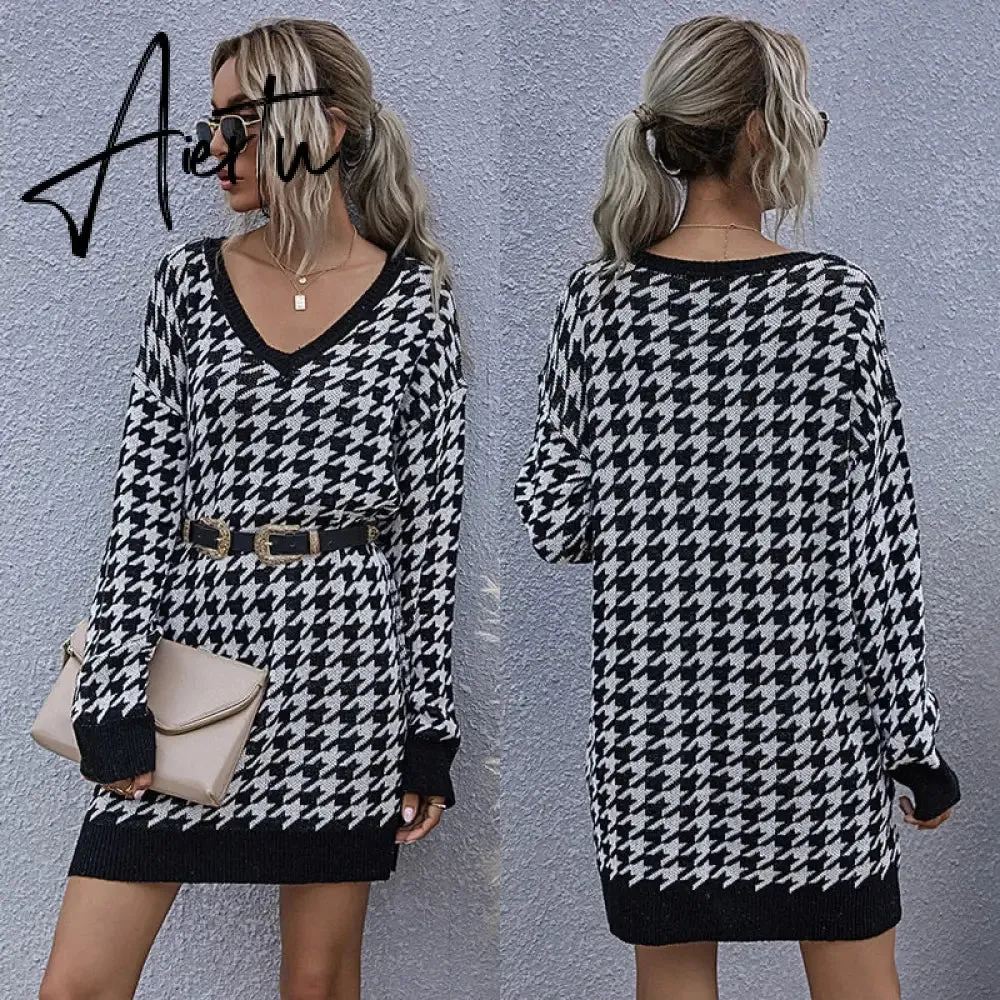 Jenvon Coran Women's Winter Dress, Woman Pullovers, Autumn Knitted Houndstooth Sweater Dress Female .