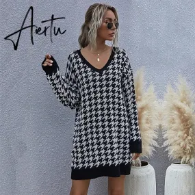 Jenvon Coran Women's Winter Dress, Woman Pullovers, Autumn Knitted Houndstooth Sweater Dress Female .