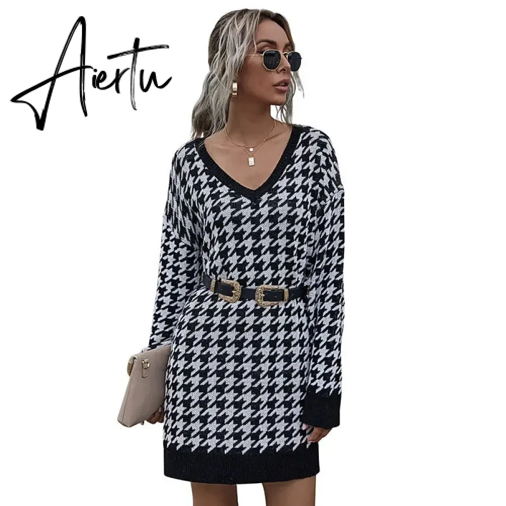 Jenvon Coran Women's Winter Dress, Woman Pullovers, Autumn Knitted Houndstooth Sweater Dress Female .