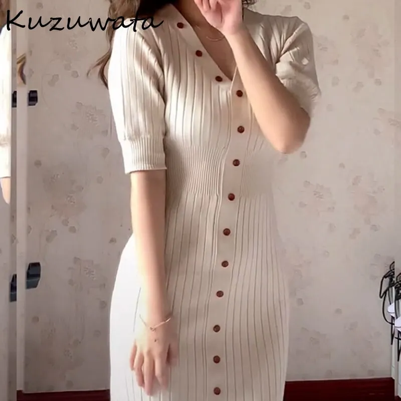 Joskaa Christmas Gift Kuzuwata V Neck Short Sleeve Single Breast Knit Dress Women High Waist Hip Skinny Vestidos Summer Multicolor Robe Sweater