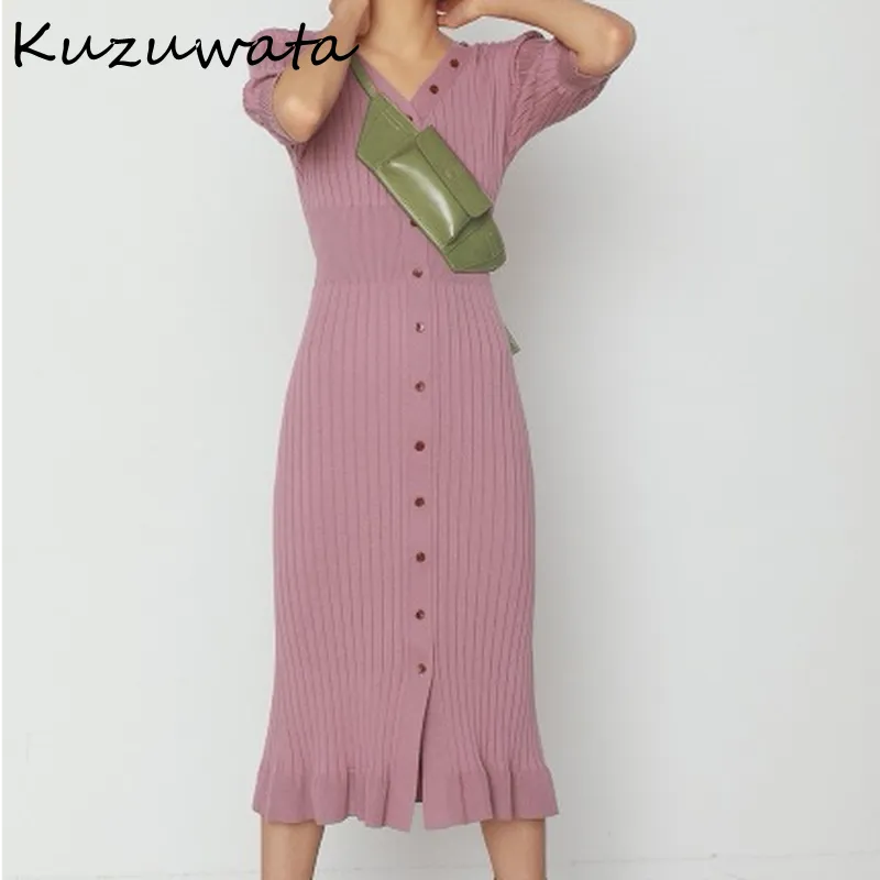 Joskaa Christmas Gift Kuzuwata V Neck Short Sleeve Single Breast Knit Dress Women High Waist Hip Skinny Vestidos Summer Multicolor Robe Sweater